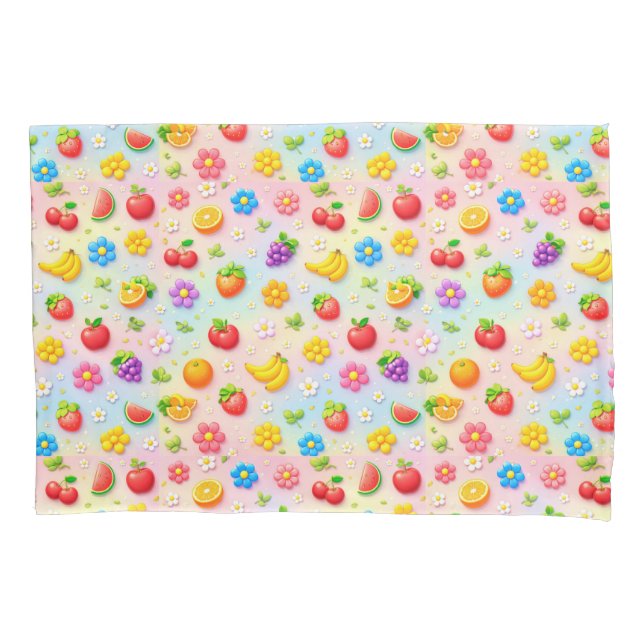Colourful Fruit Pattern With Flowers and Fruits Pillowcase (Front)