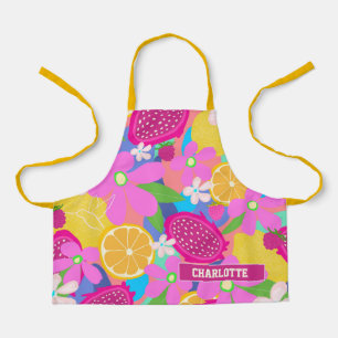 Colourful Fruits and Flowers Custom Name Apron