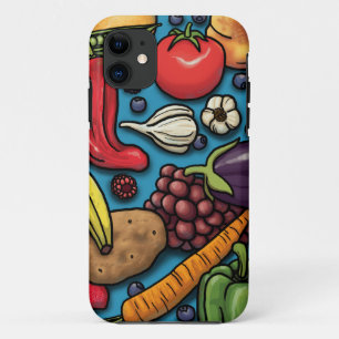 Colourful Fruits and Vegetables on Blue iPhone 11 Case