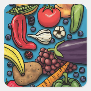 Colourful Fruits and Vegetables on Blue Square Sticker