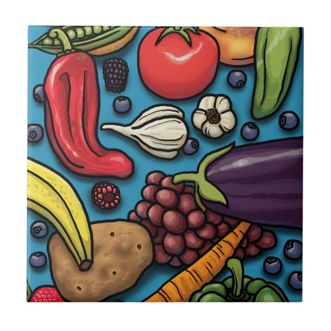 Colourful Fruits and Vegetables on Blue Tile (Front)
