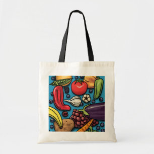 Colourful Fruits and Vegetables on Blue tote Bag