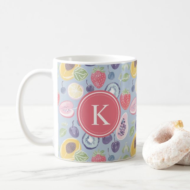 Colourful  Fruits  Monogram Spring Pattern Coffee Mug (With Donut)