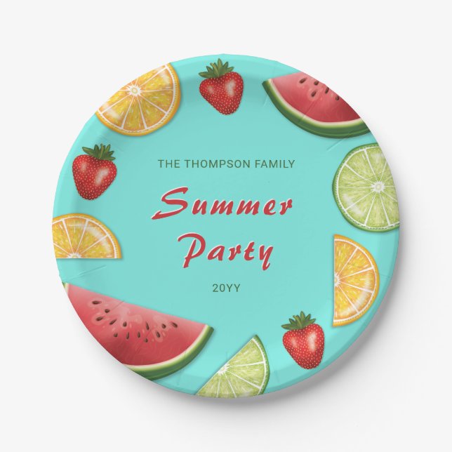 Colourful Fruits On Blue Family Summer Party Paper Plate (Front)