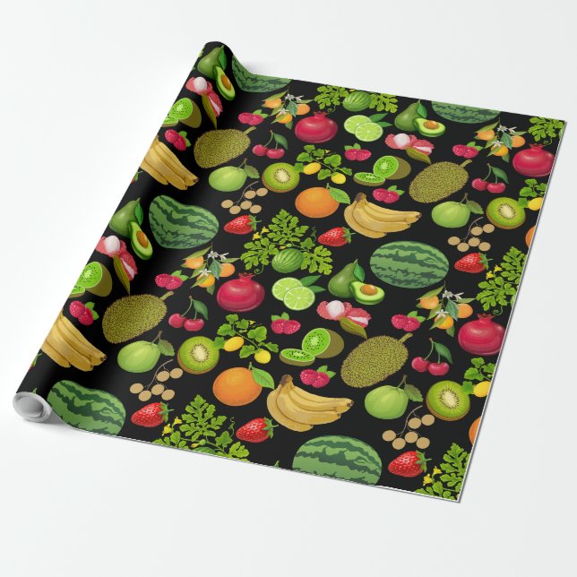 Colourful Fruits Pattern 01.b Black BG Wrapping Paper (Unrolled)