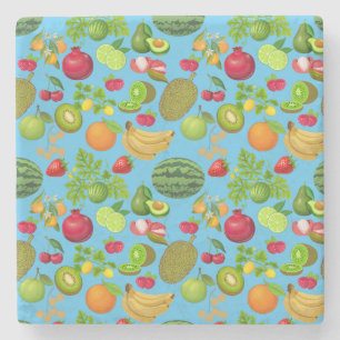 Colourful Fruits Pattern 01.b Lblue BG Stone Coaster