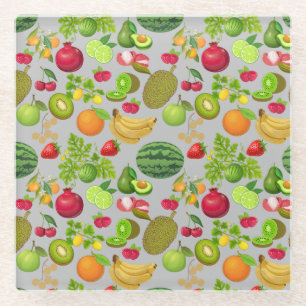 Colourful Fruits Pattern 01.b LGrey BG Glass Coaster