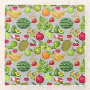 Colourful Fruits Pattern 01.b LGrey BG Glass Coaster