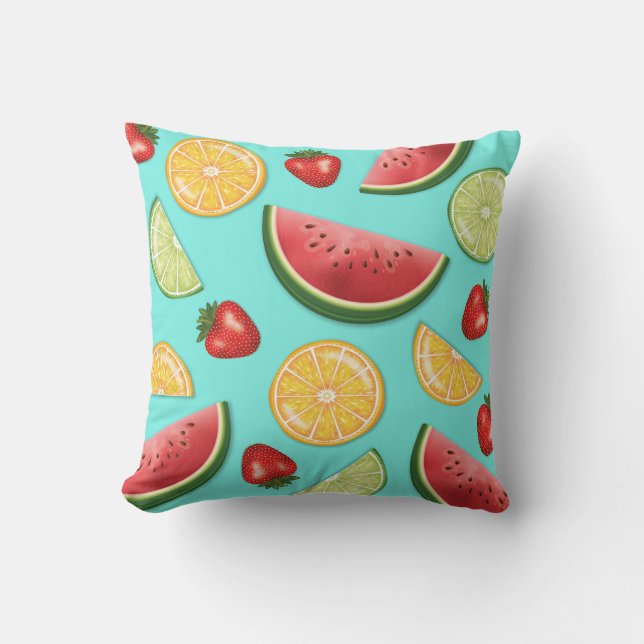 Colourful Fruits Strawberry Watermelon Citrus Blue Cushion (Front)