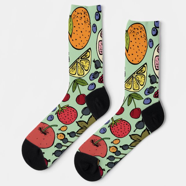 Colourful fruits with green background Cute Patter Socks (Left)