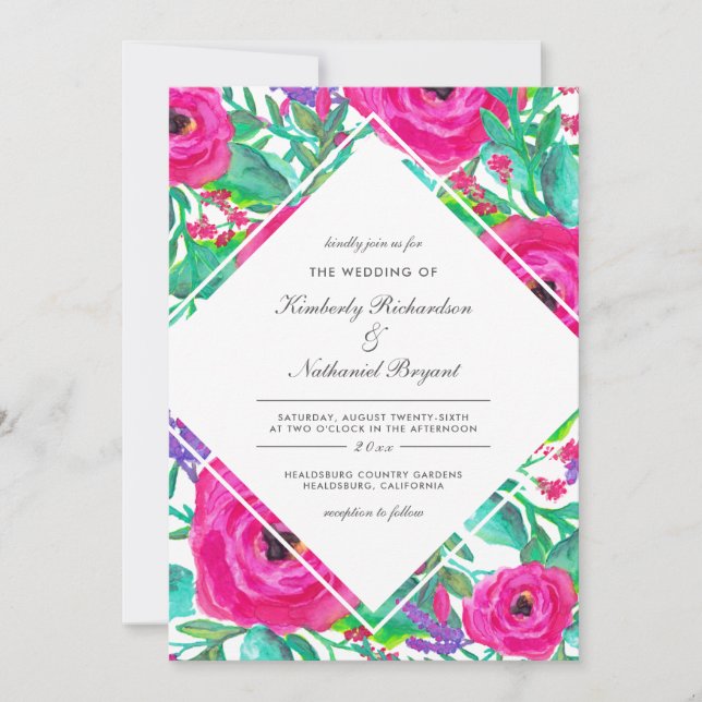 Colourful Fuchsia Watercolor Floral Wedding Invitation (Front)