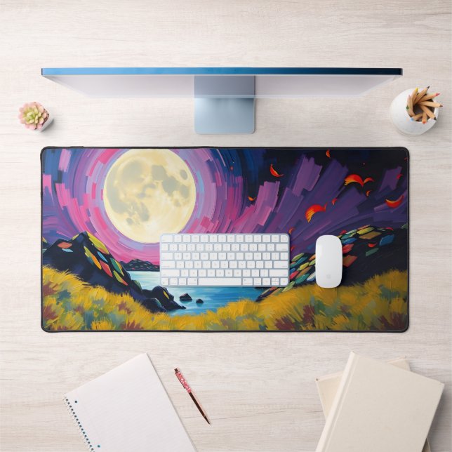 Colourful Full Moon Desk Mat – Vibrant Night Sky & (Office 1)