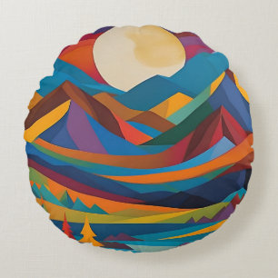 Colourful Full Moon Over Mountains And Lake Round Cushion