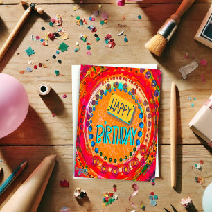 Colourful Fun Abstract Modern Red Happy Birthday Card