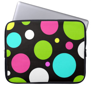 Colourful Fun Big Polka Dots on Black Laptop Sleeve