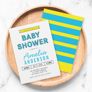 Colourful Fun Blue and Yellow Modern Baby Shower Invitation