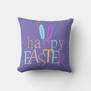 Colourful Fun Bunny Happy Easter on Purple Cushion
