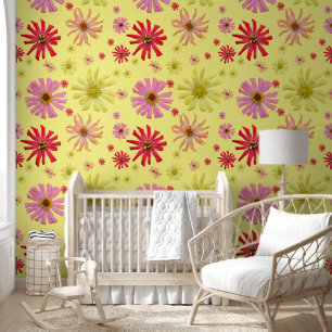 Colourful, Fun, Cactus Zinnia Floral Wallpaper