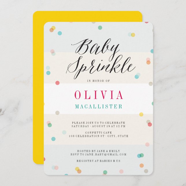 Colourful Fun Confetti Modern Script Baby Sprinkle Invitation (Front/Back)