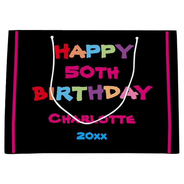 Colourful Fun Custom Name Year Date Happy Birthday Large Gift Bag (Front)