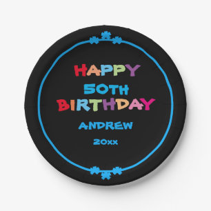Colourful Fun Custom Name Year Date Happy Birthday Paper Plate