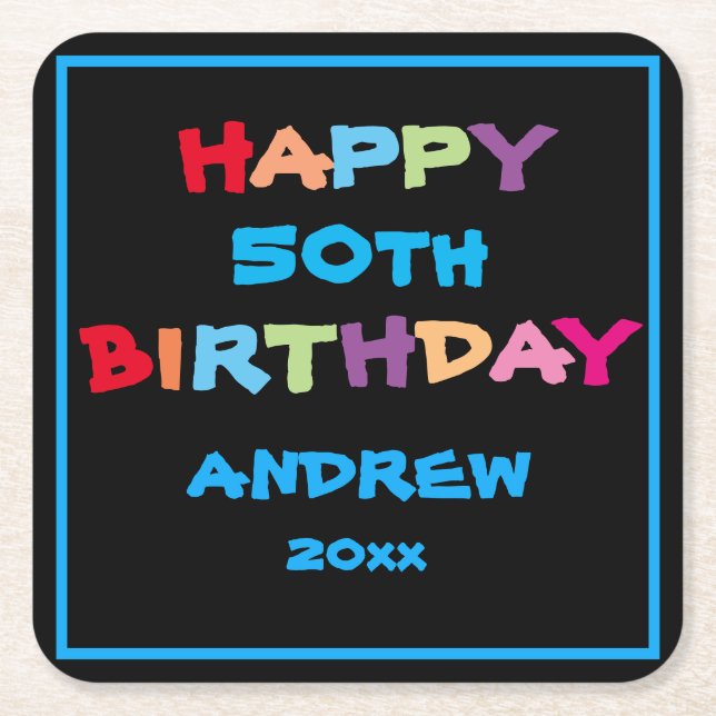 Colourful Fun Custom Name Year Date Happy Birthday Square Paper Coaster (Front)