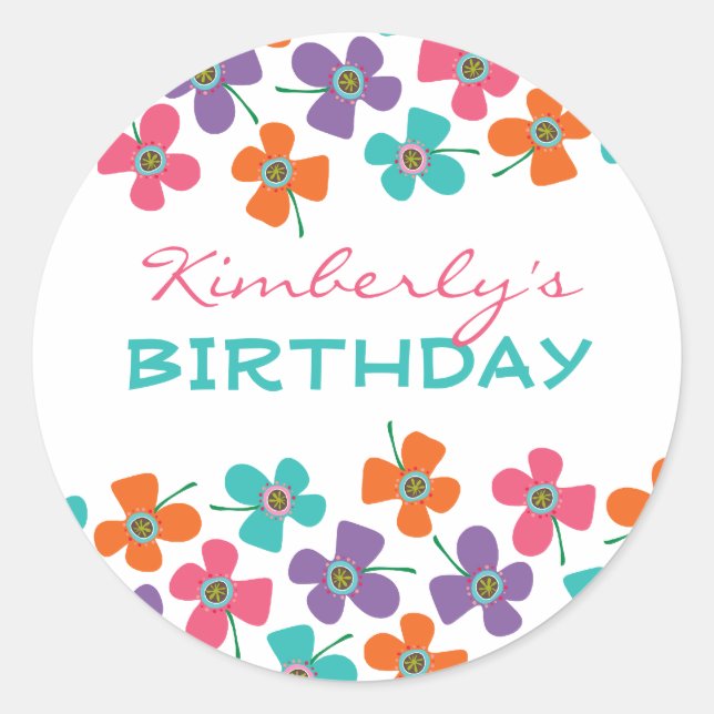 Colourful Fun Daisies Pop Girl Birthday Party Favo Classic Round Sticker (Front)