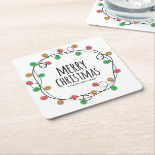 Colourful Fun Festive Lights Merry Christmas Part Square Paper Coaster
