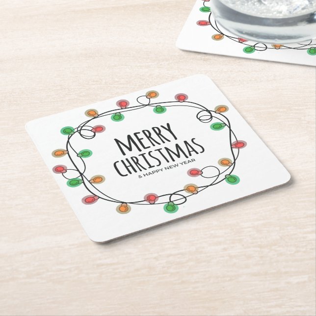 Colourful Fun Festive Lights  Merry Christmas Part Square Paper Coaster (Angled)