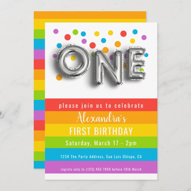 Colourful Fun First Birthday Rainbow Personalised Invitation (Front/Back)