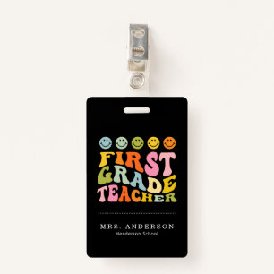 Colourful Fun First Grade Teacher Custom Name ID Badge