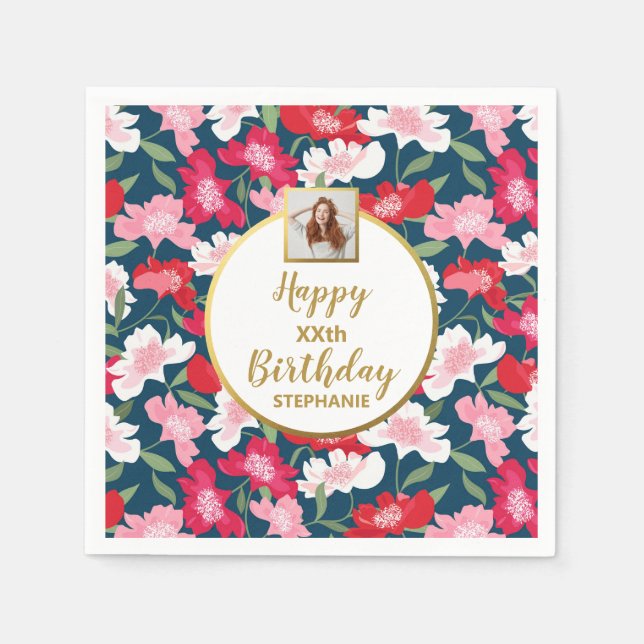 Colourful Fun Floral Any Age Custom Photo Birthday Napkin (Front)