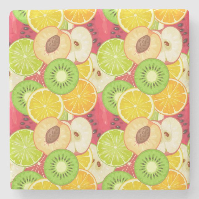 Colourful Fun Fruit Pattern Stone Coaster (Front)