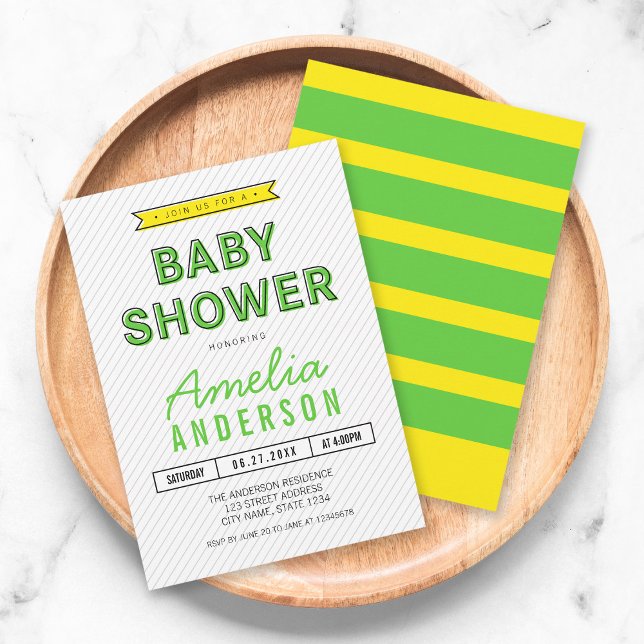 Colourful Fun Green and Yellow Modern Baby Shower Invitation (Creator Uploaded)