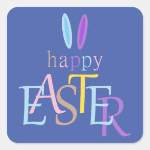 Colourful Fun Happy Easter Typography Bunny Blue Square Sticker