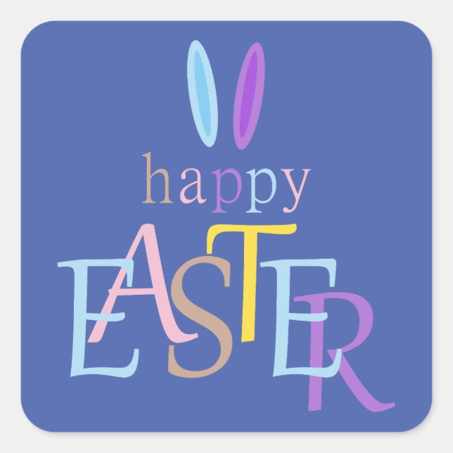 Colourful Fun Happy Easter Typography Bunny Blue Square Sticker (Front)