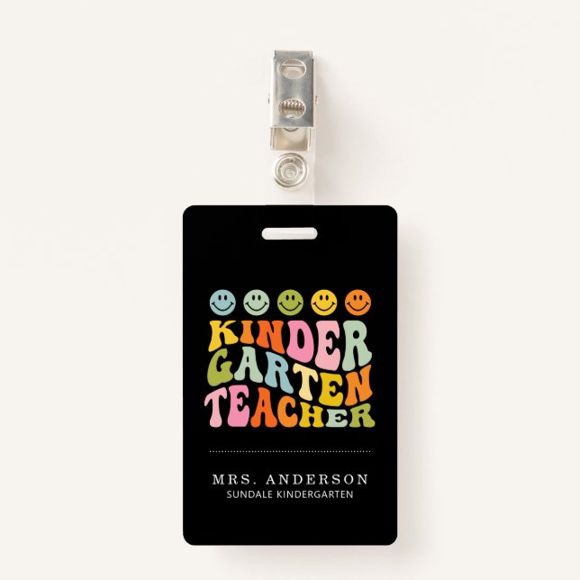 Colourful Fun Kindergarten Teacher Custom Name  ID Badge (Front with Clip)