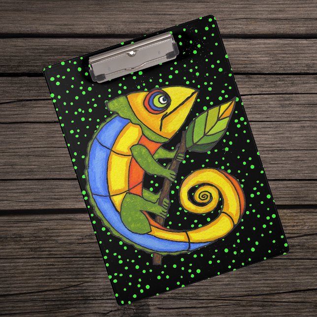 Colourful Fun Lizard Branch Dots Clipboard (Fantasy colourful lizard holding stick with leaf on black with green dots clipboard.)