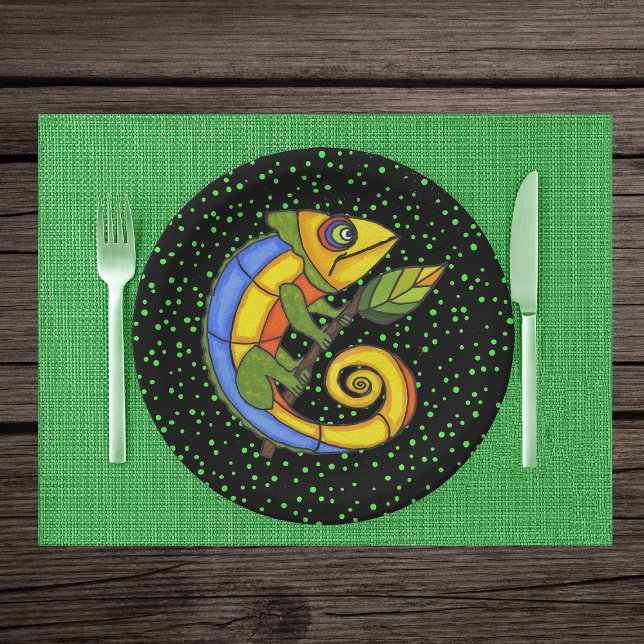 Colourful Fun Lizard Branch Dots Paper Plate (Brightly coloured fantasy lizard leaf on stick on black with green polka dots paper party plates.)