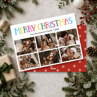 Colourful Fun Merry Christmas 6 Photo Collage Holiday Card