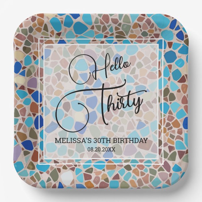 Colourful & Fun Mosaic Hello Thirty 30th Birthday Paper Plate (Front)