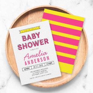 Colourful Fun Pink and Yellow Modern Baby Shower Invitation