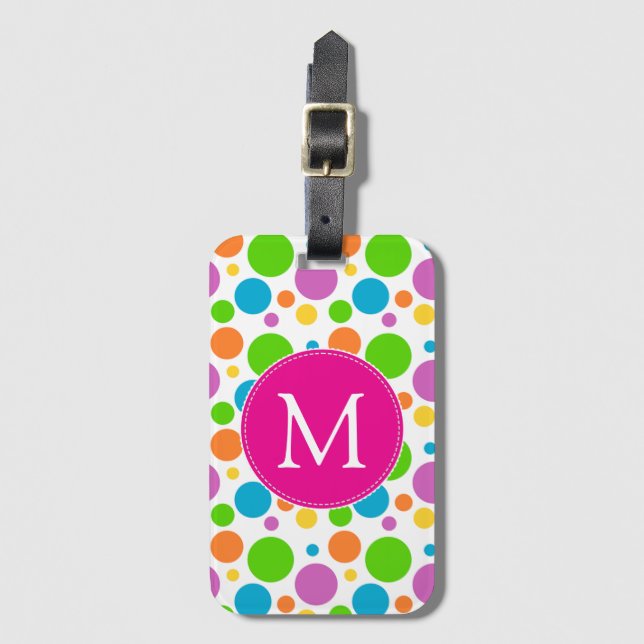 Colourful Fun Rainbow Dots Pink Monogram Luggage Tag (Front Vertical)