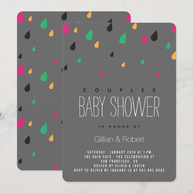 Colourful Fun Raindrops Couples Baby Shower Invite (Front/Back)