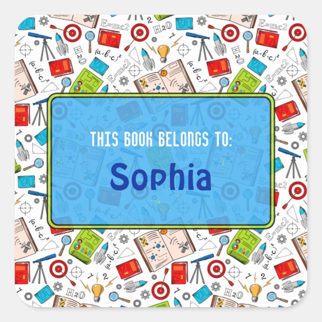 Colourful Fun School Science Pattern Personalised  Square Sticker (Front)