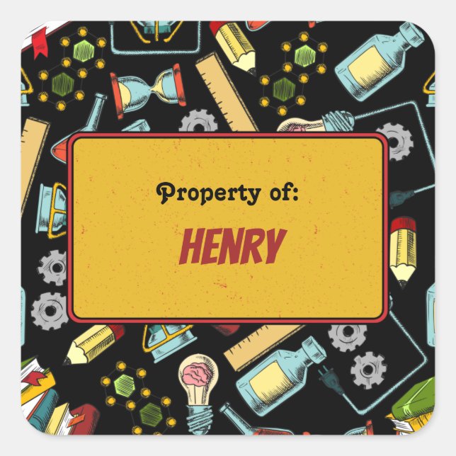 Colourful Fun School Science Pattern Personalised Square Sticker (Front)