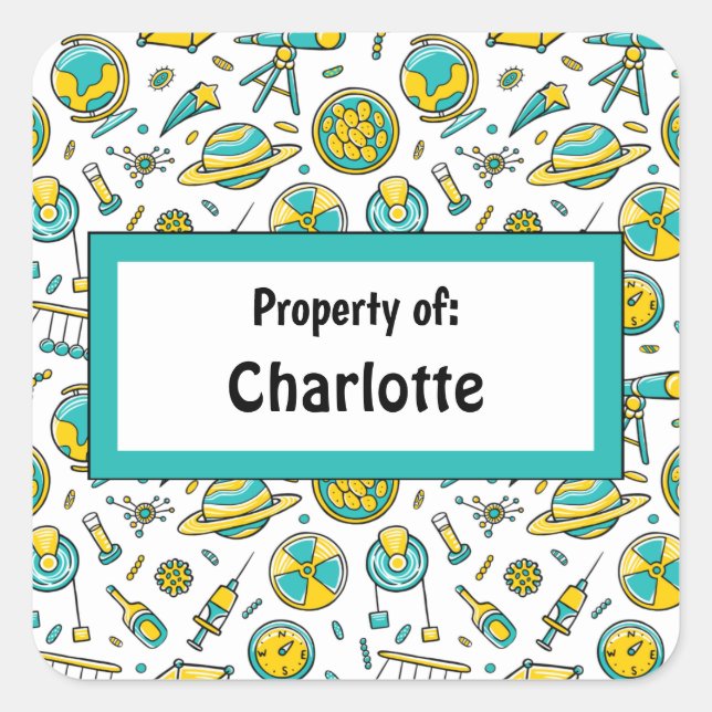 Colourful Fun School Science Pattern Personalised Square Sticker (Front)