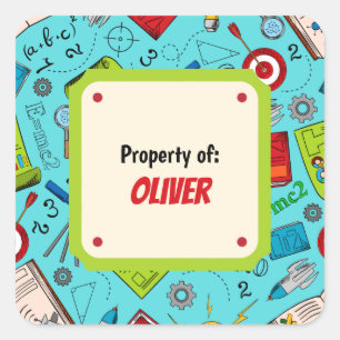Colourful Fun School Supplies Pattern Personalise Square Sticker