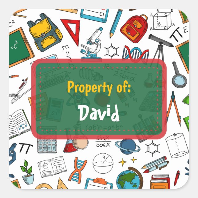 Colourful Fun School  Supplies Pattern Personalise Square Sticker (Front)