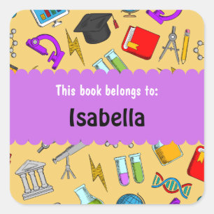 Colourful Fun School Supplies Pattern Personalised Square Sticker
